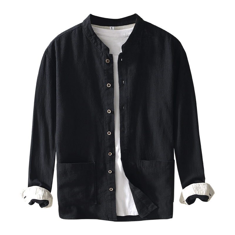 Stand Collar Ramie Long Sleeve Shirt