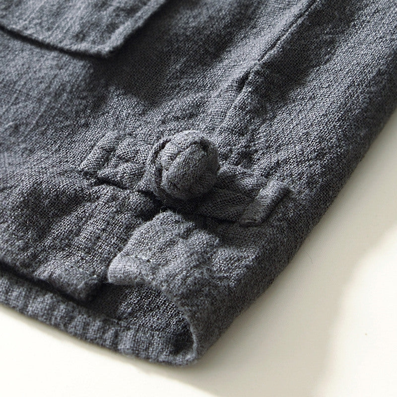 Stand Collar Ramie Long Sleeve Shirt