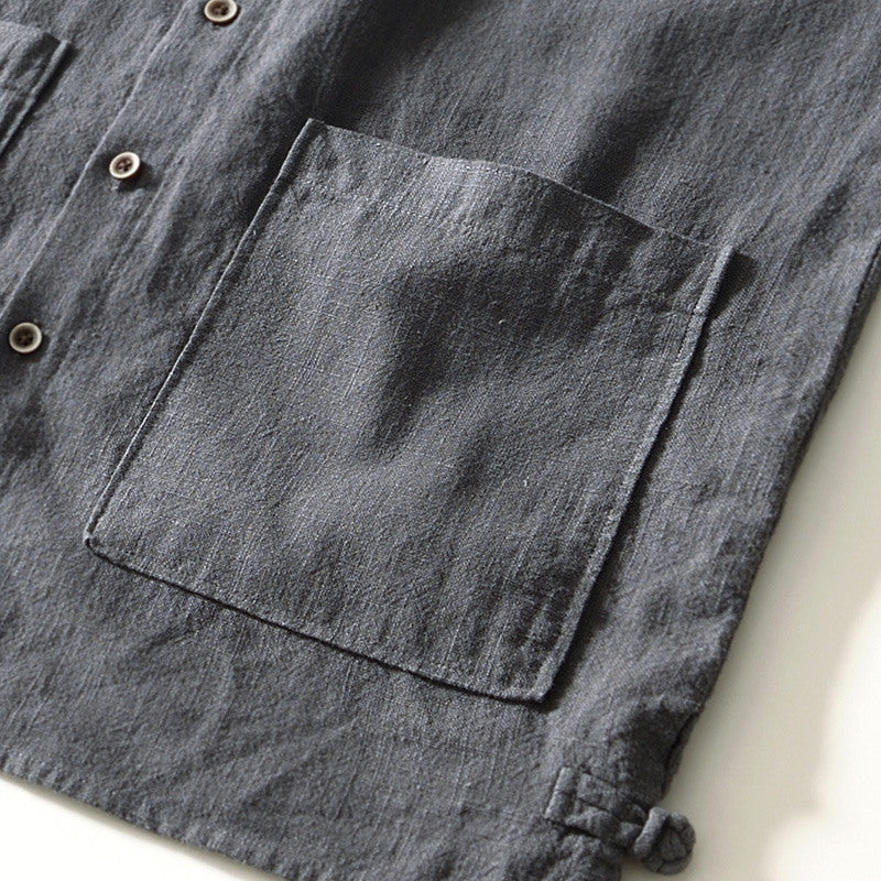 Stand Collar Ramie Long Sleeve Shirt